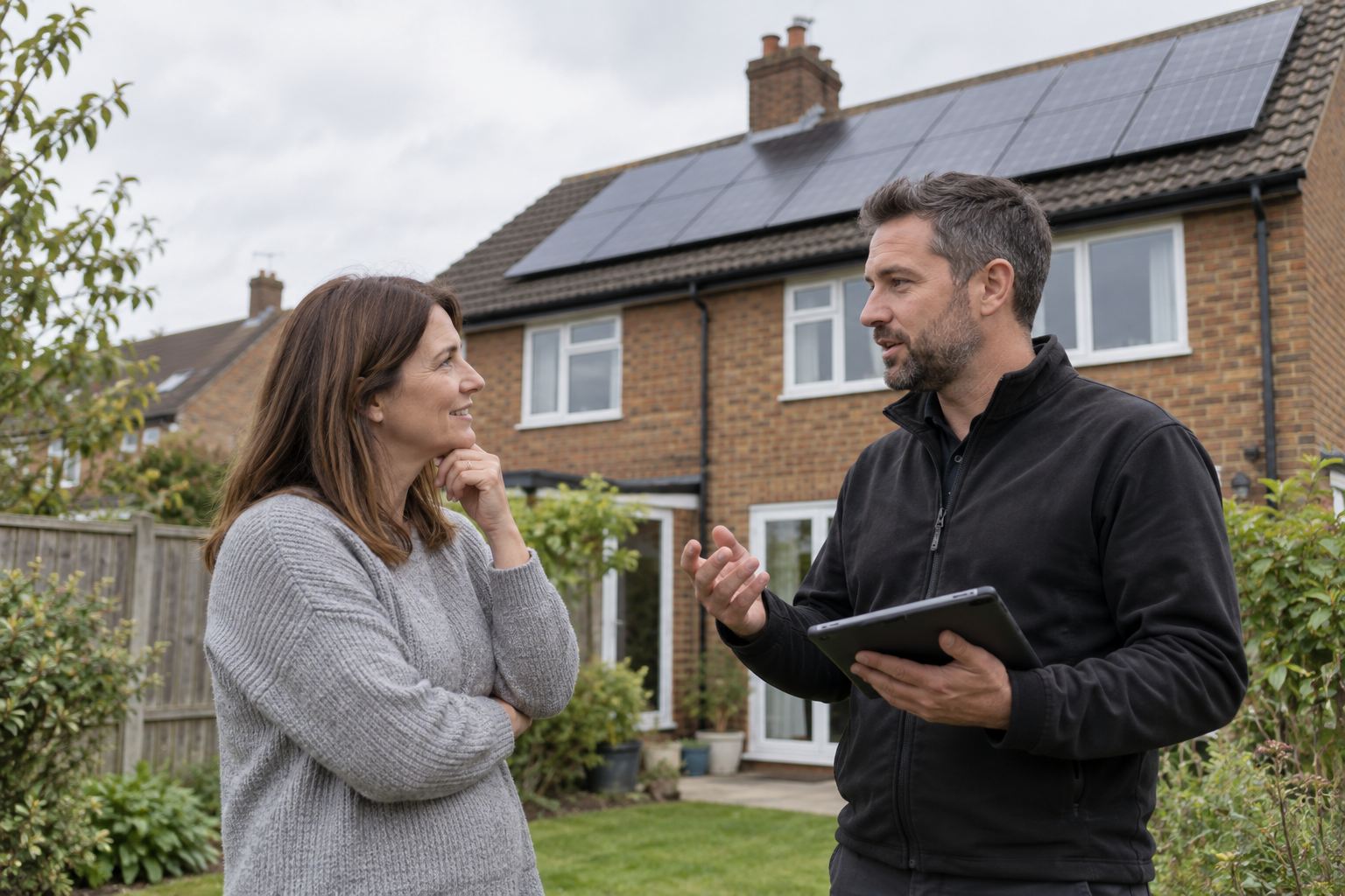 Homeowner discussing rooftop solar with a surveyor outside a British house