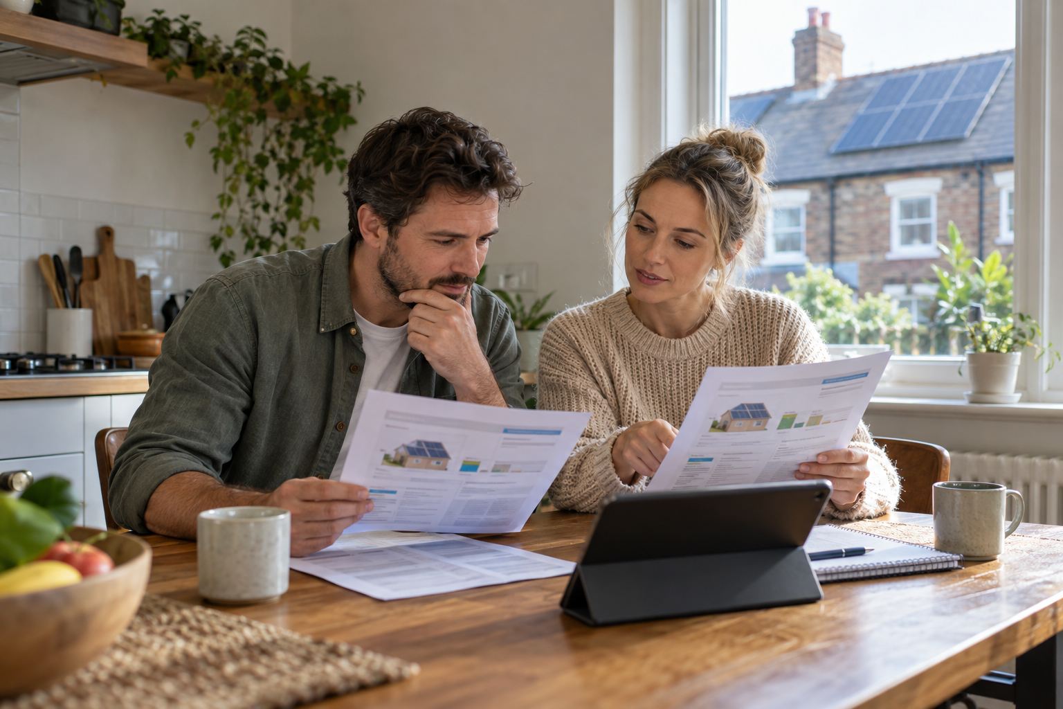 Couple comparing solar panel proposals at their kitchen table