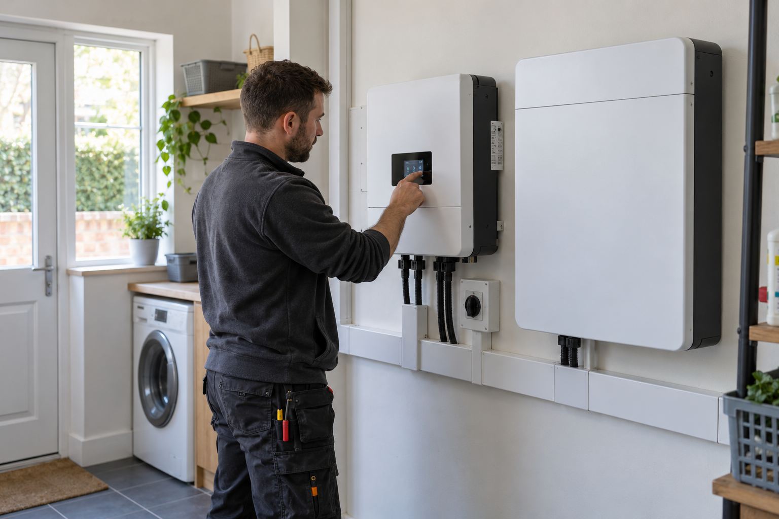 Electrician commissioning a wall-mounted home battery in a utility room