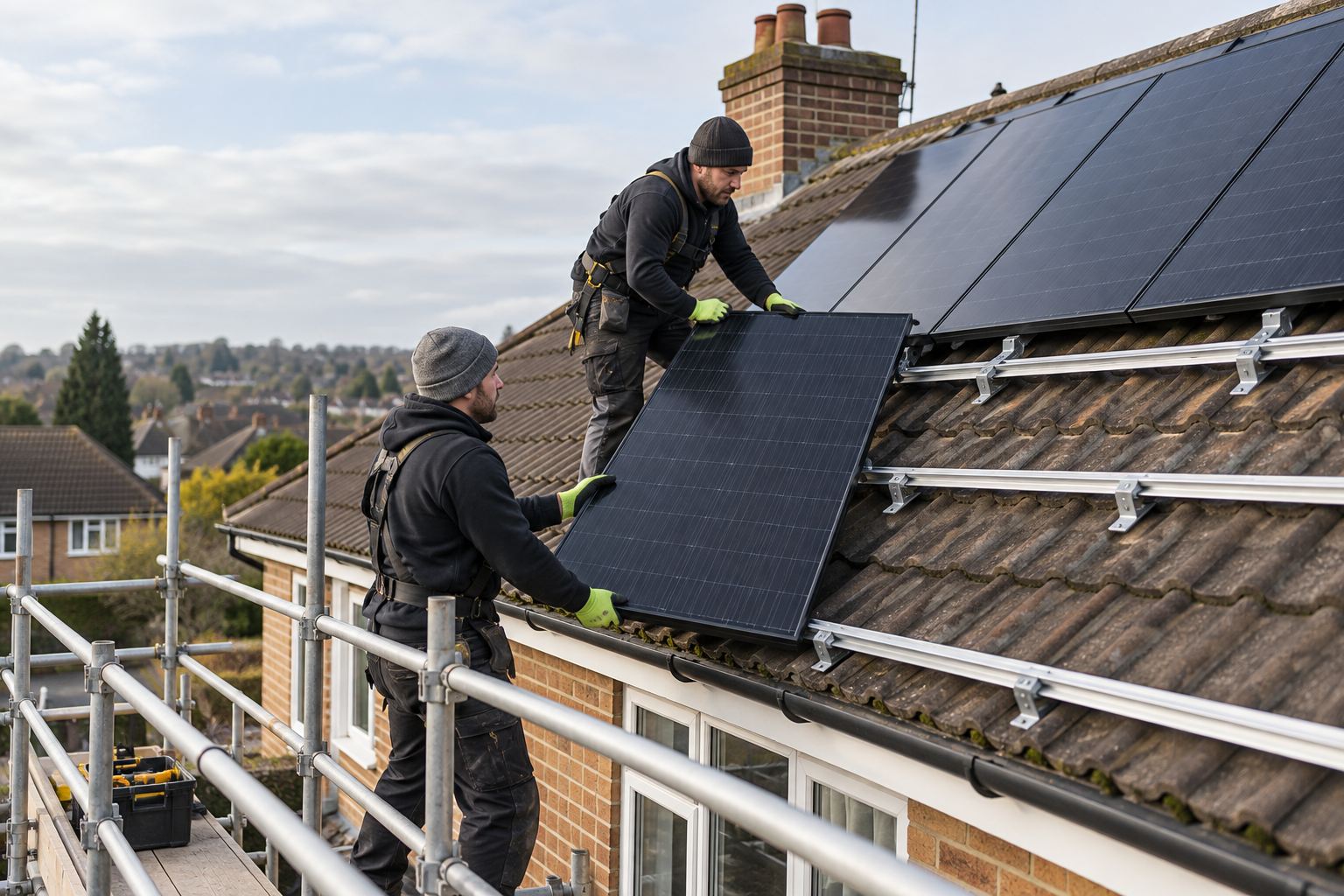 Installers fitting a solar panel to rails on a tiled roof from guarded scaffolding
