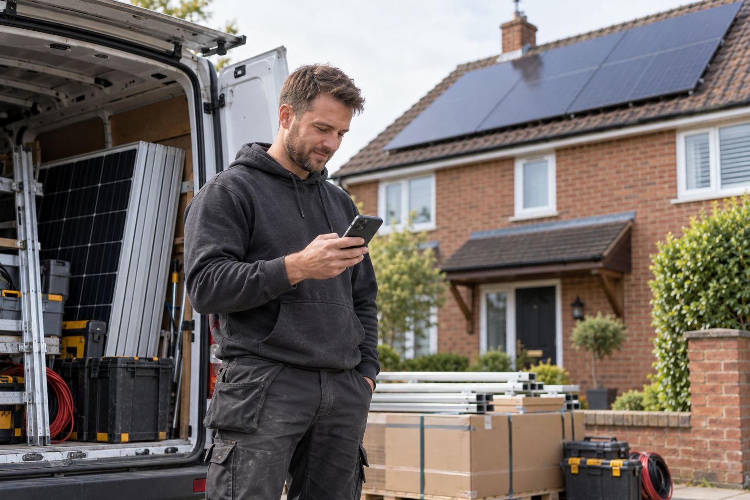 Solar installer checking a phone beside an equipment van outside a British home