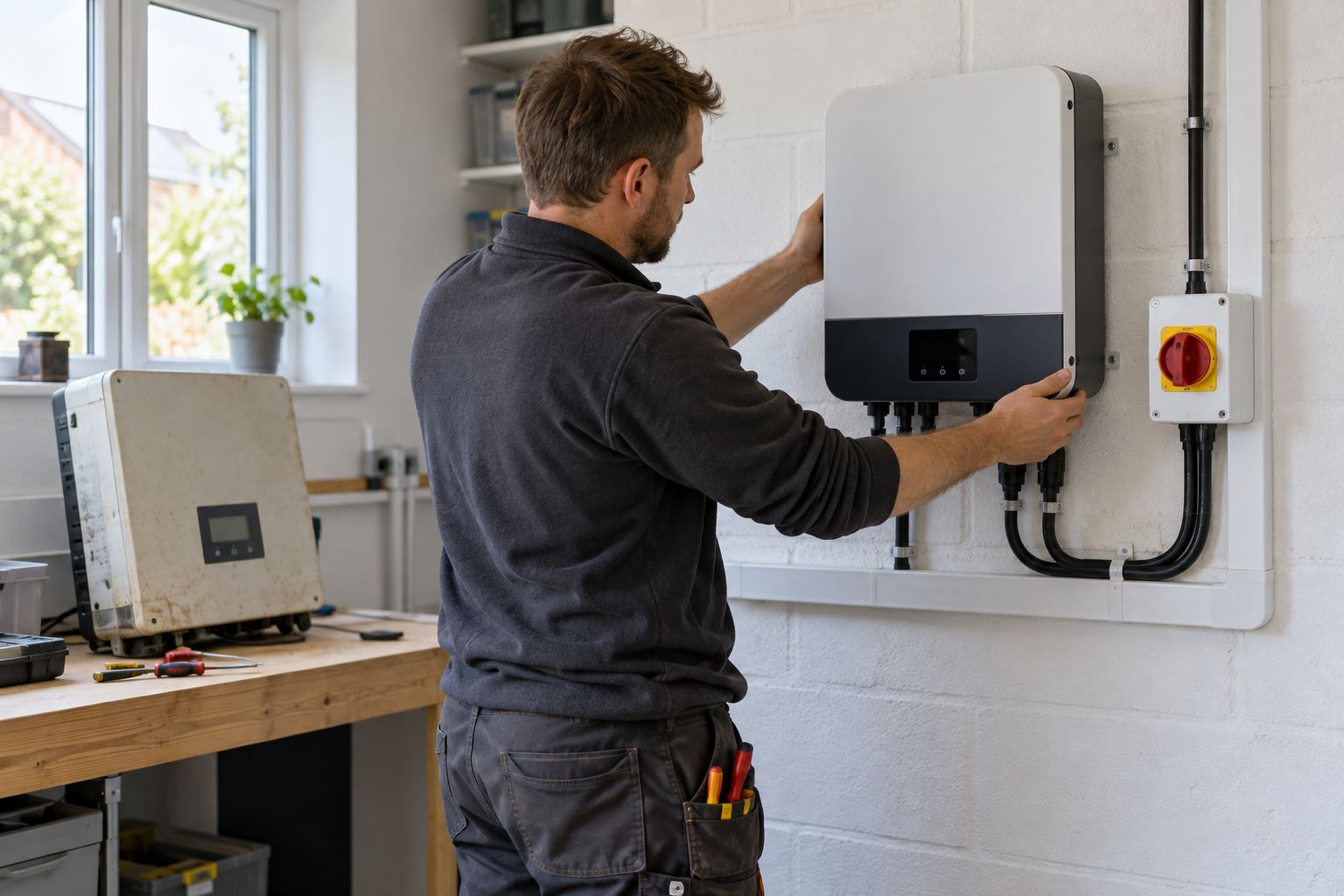 Electrician fitting a replacement solar inverter on a utility room wall
