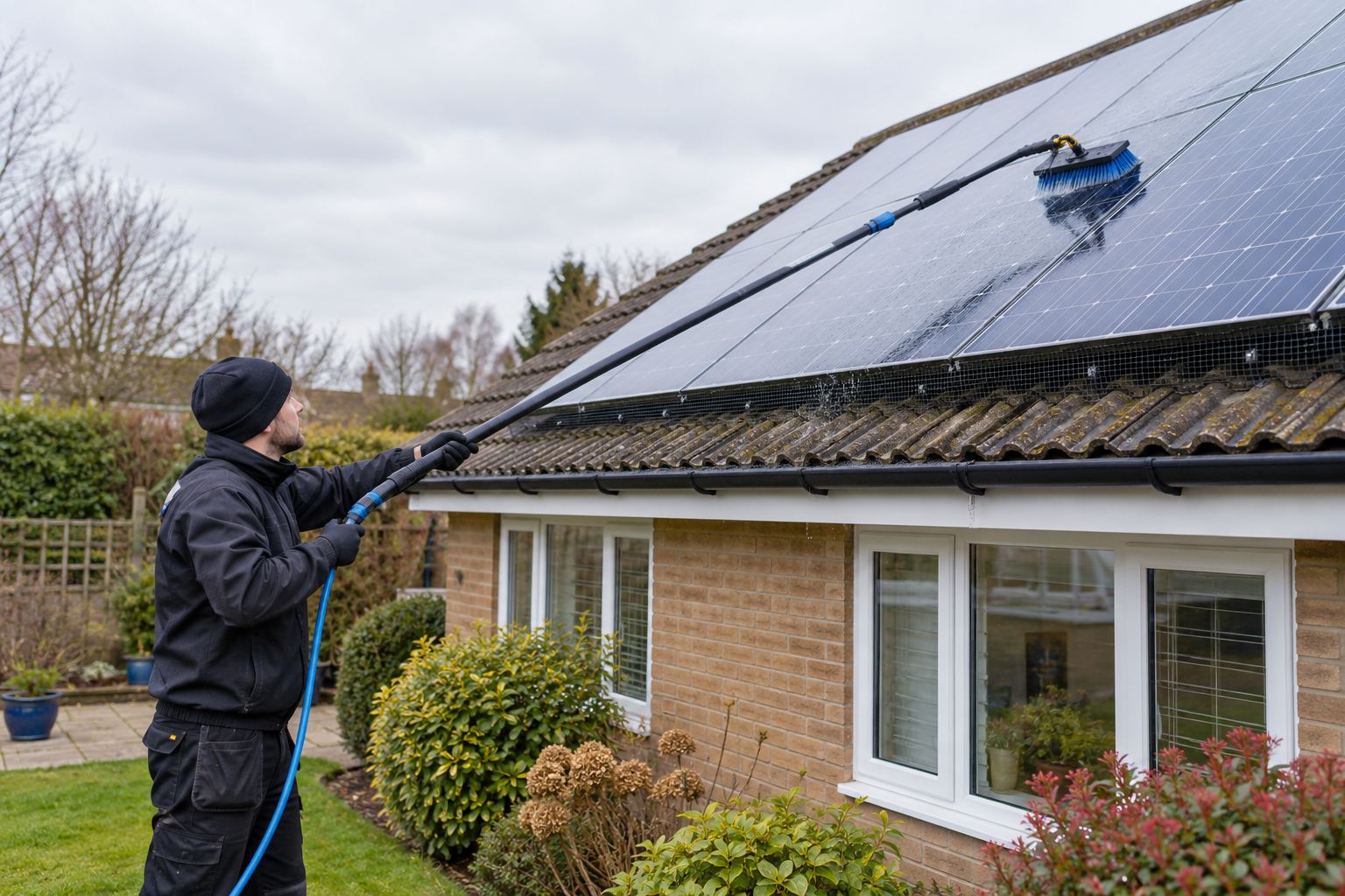 Worker cleaning bungalow roof solar panels with a water-fed brush from the ground