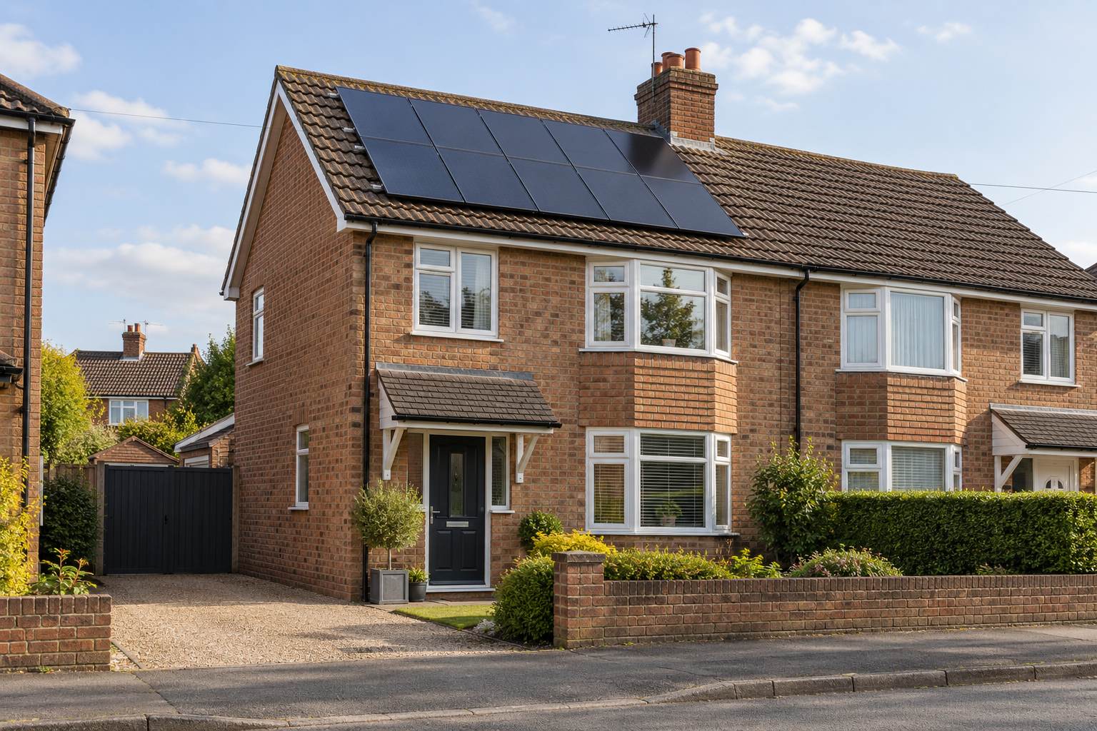 Rooftop solar panels fitted to a British semi-detached house