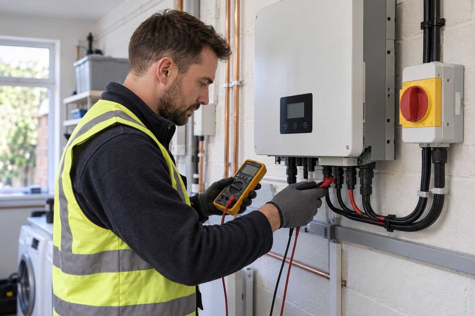 Solar engineer testing an inverter and isolator in a utility room