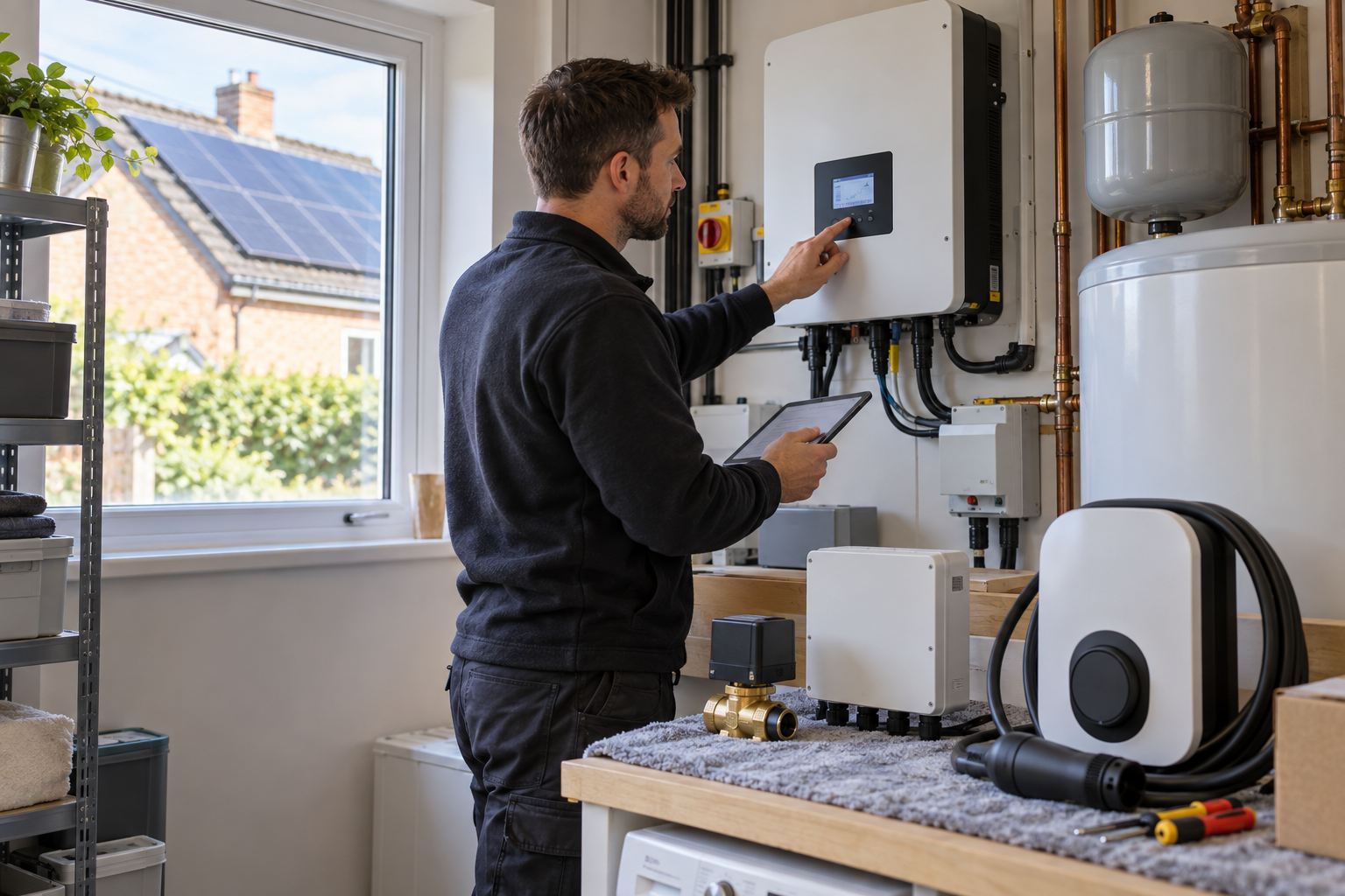 Solar specialist assessing an inverter and upgrade equipment in a utility room